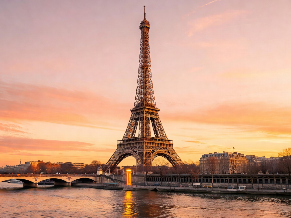 Eiffel Tower in Paris France over Seine river at golden hour