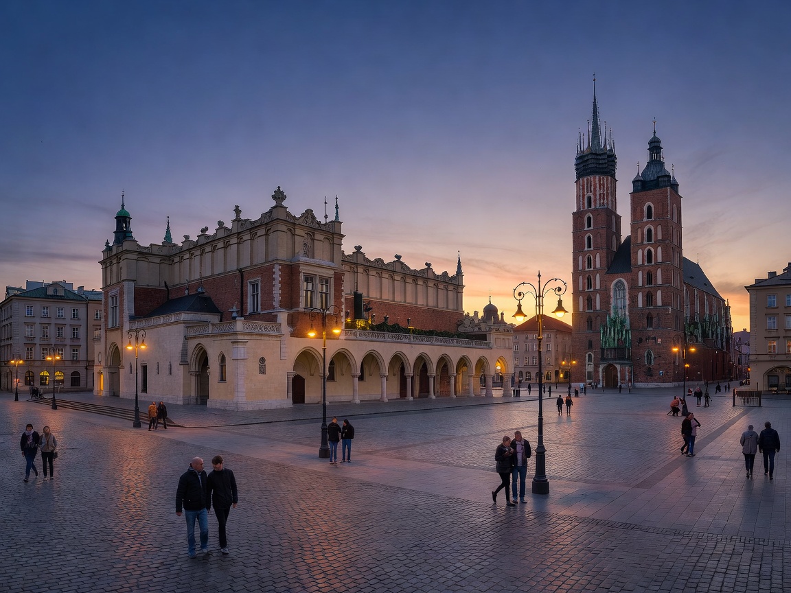 Krakow Poland historic main market square at evening