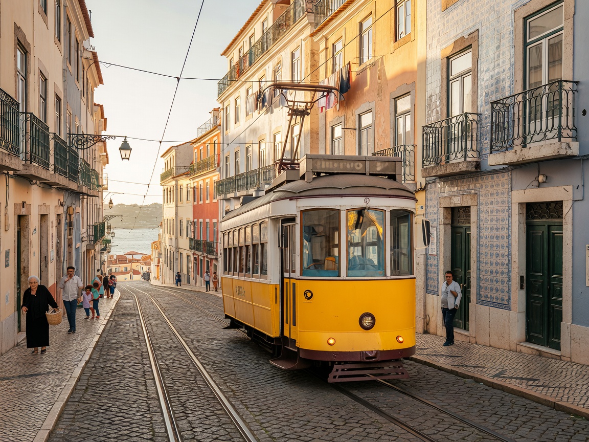 Lisbon Portugal tram on cobblestone streets in Alfama